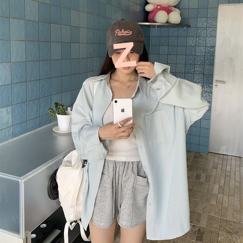 HF黄色ins韩系条纹衬衫女秋甜美设计感休闲宽松衬衣外套|undefined
