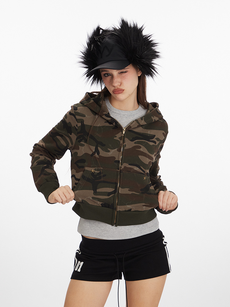 つるヘンリーアメリカン迷彩ショートギャルフード付きパーカーレディース2025春秋ジッパーレトロカーディガンコート