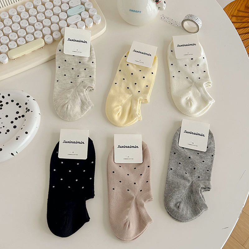 Spring and Summer Shallow Boat Socks Ins Japanese Socks Women's Solid Color Polka Dot Don't Fall with Invisible Short Socks Polka Dot Boat Socks for Women