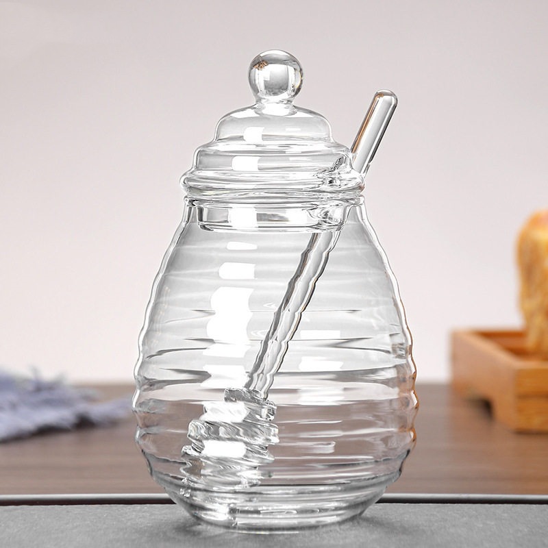 Taza de miel de vidrio, una variedad de estilos que contienen aluminio, textura de panal de vidrio, almacenamiento de jarabe de miel, latas de miel
