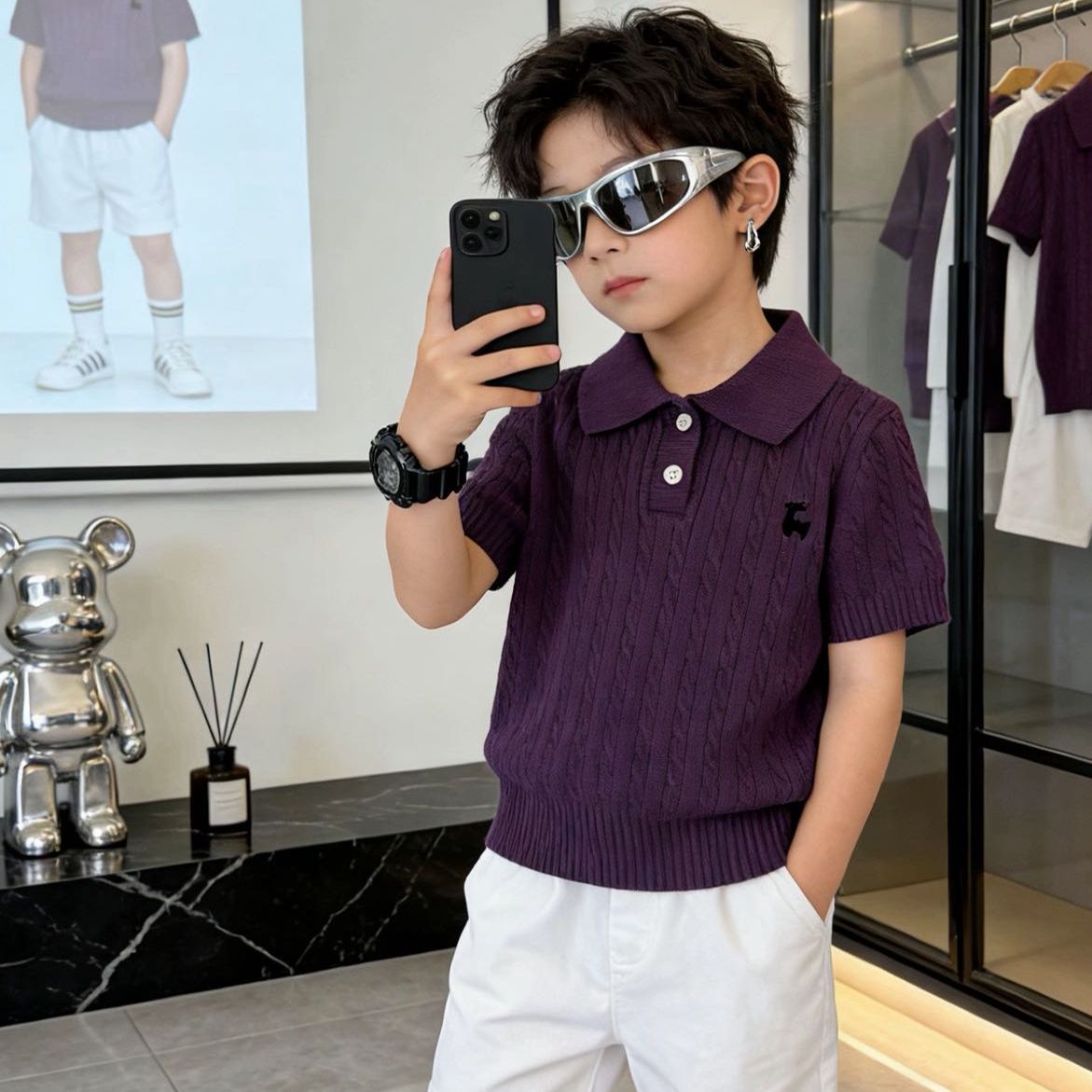 Koreanisches Kinder-Polo-Shirt mit kurzen Ärmeln, Dopamin-Motiv, Sommer 2026, neuer Stil, College-Stil, Pullover-Set für Jungen und Mädchen_voghion.com