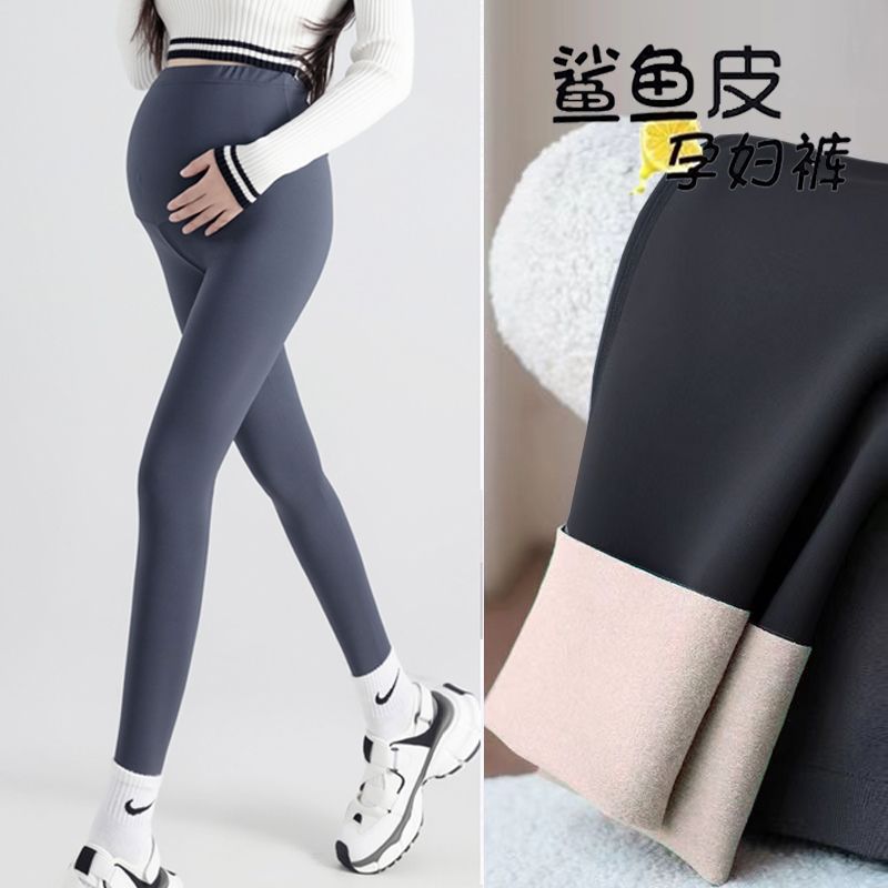 Maternity Pants for Autumn and Winter, Shark Pants for Outdoor Wear, Fleece-Lined Maternity Leggings, Maternity Belly Support Pants, Fleece-Lined Maternity Pants