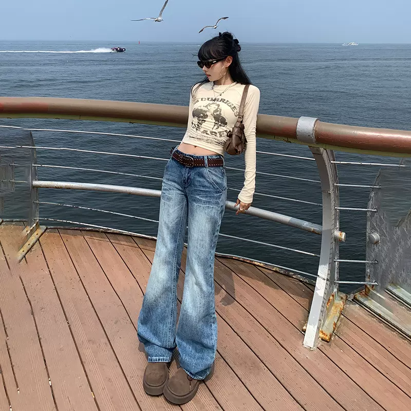 美式复古低腰辣妹喇叭裤百搭显瘦拖地直筒牛仔裤女&长裤加长
