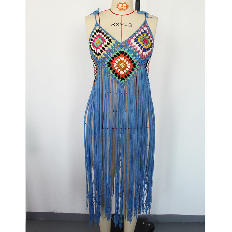 Sexy Hand Crocheting Tassel Mid Length Bohemian White Beach Dress in Dresses