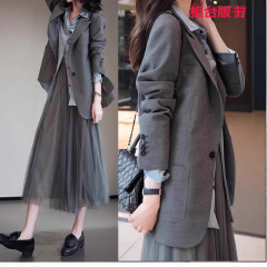 预售玫瑰袁同款设计感西服小个子人字纹羊毛呢灰西装女