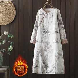 品牌专柜尾货中式国风水墨棉麻印花连衣裙女冬斜襟圆领夹棉旗袍裙