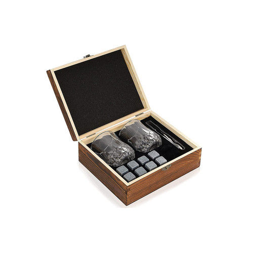 Wooden Ice Wine Stone Gift Whiskey Box Double Glasses Set Wooden Whiskey Set Box