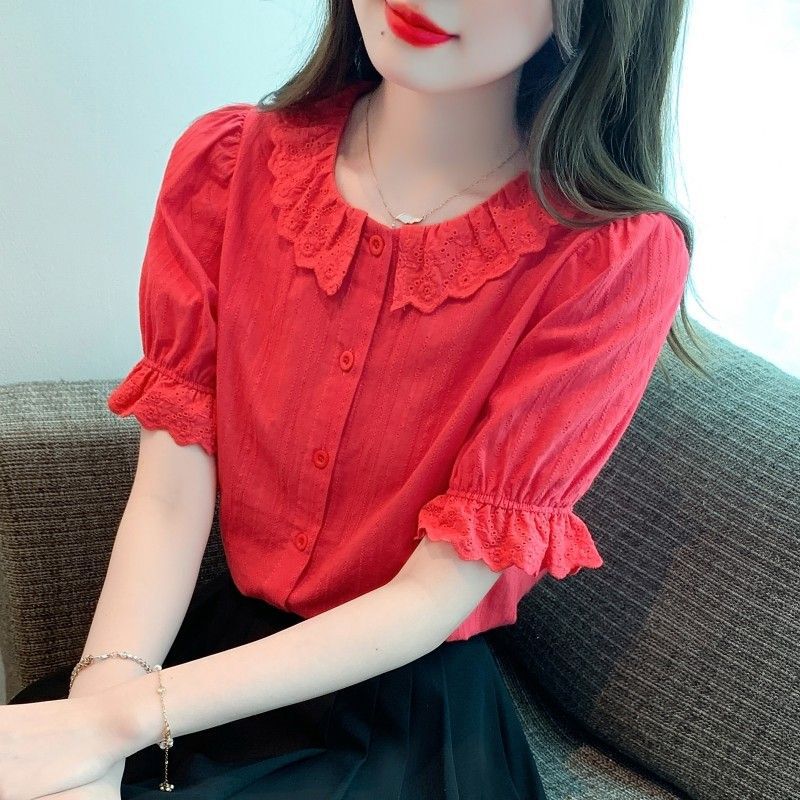 Summer 2025 New Women's Shirts, Fashionable Age-Reducing Pure Cotton Shirts, Stylish Cotton Doll Collar Tops, Short Sleeves