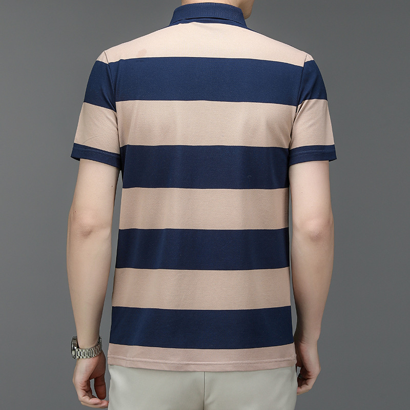 Mingdi Mouse 2024 Sommer Neues gestreiftes Kurzarm-T-Shirt mit Business-Kragen aus reiner Baumwolle, großes Herren-Poloshirt_voghion.com