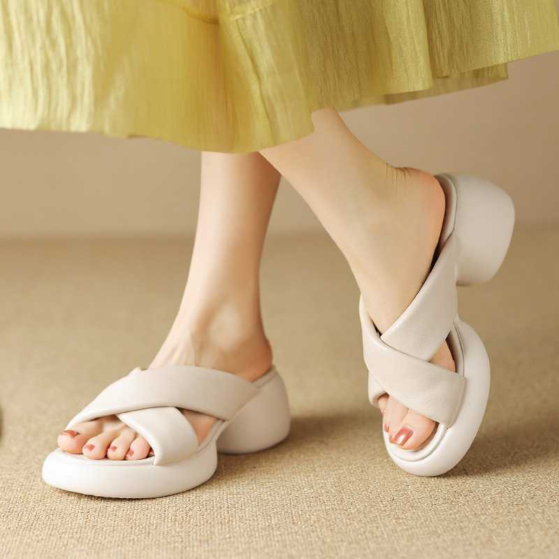Very Soft Goatskin, Comfortable and Not Tiring, Thick-Soled High-Heeled Outer Slippers 2023 Summer Round-Toe Open-Toe Cross-Strap Sandals for Women