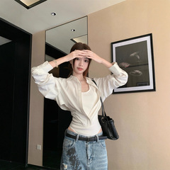 实拍 2025秋季新款纯欲假两件连体衬衣法师薄款收腰polo领上衣女