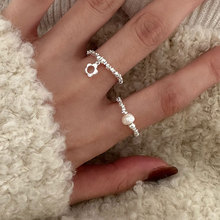 925纯银碎银子珍珠花朵戒指女简约温婉气质个性时尚闭口指环J5263