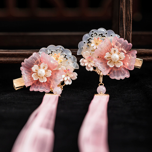 Children's Hanfu headwear pink ribbon hairpin ancient style hair accessories clip tassel step rocking accessories 18.9GF209