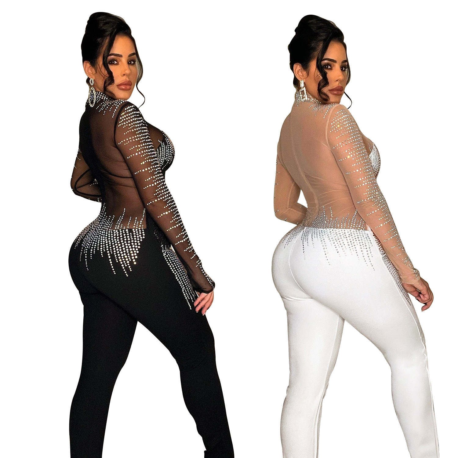C6226 transfronteriza AliExpress Amazon moda europea y americana de las mujeres de color sólido de malla de diamantes de imitación pantalones de manga larga mono
