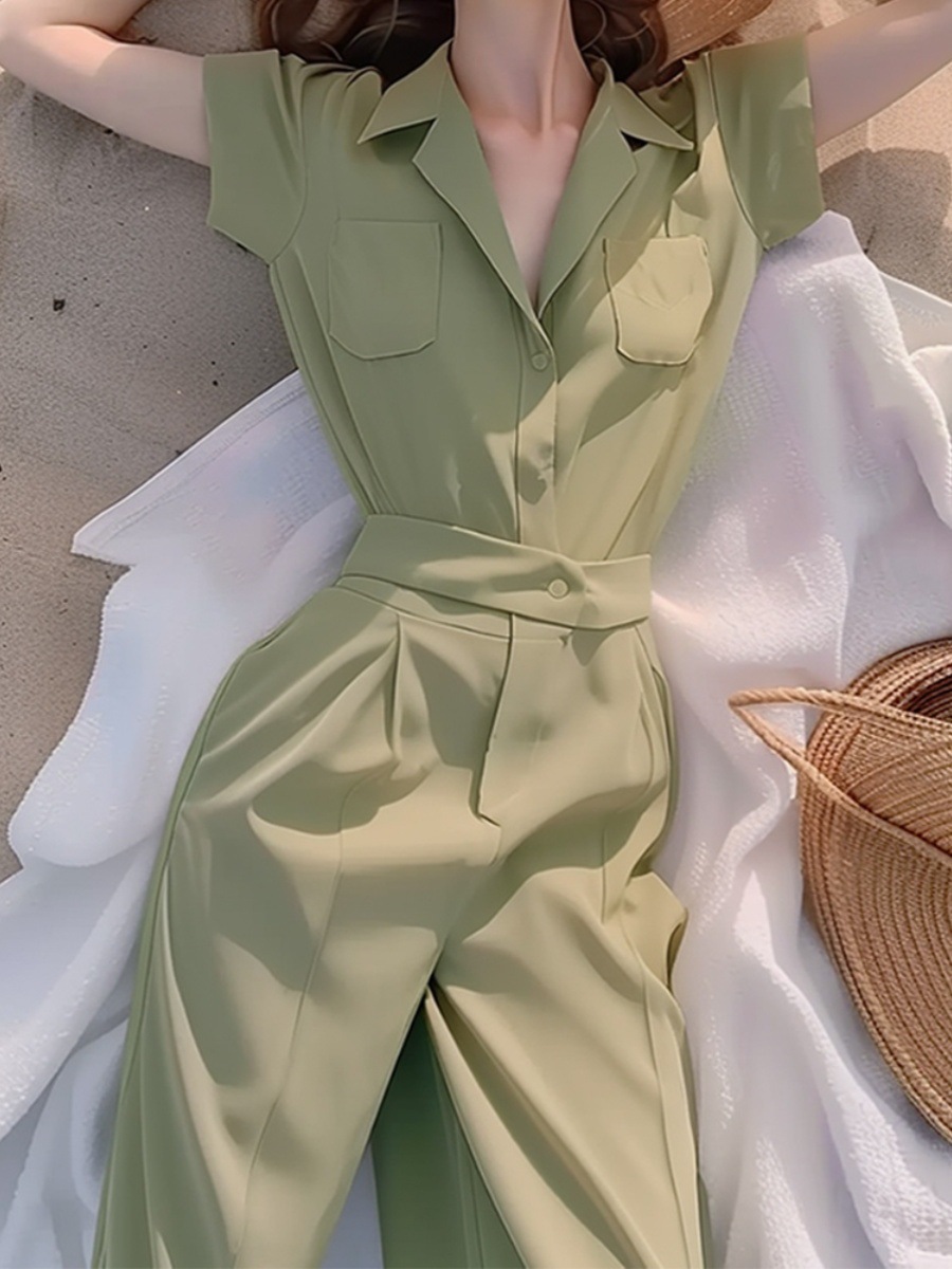 Jumpsuit nữ dài tay sơ mi xanh lá cây mới mùa hè 2024 chất vải xếp nếp mềm mại — xanh lá cây chi tiết 8