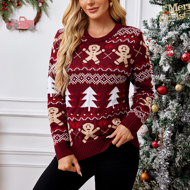 Foreign Trade New Gingerbread Man Jacquard Long Sleeve Sweater Pullover Casual Top Christmas Christmas Sweater
