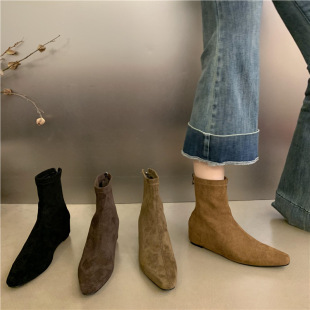 Niche Design Inner Wedge Heel Boots Women's 2024 New Square Toe Back Zipper Suede Ankle Boots Stretch Boots