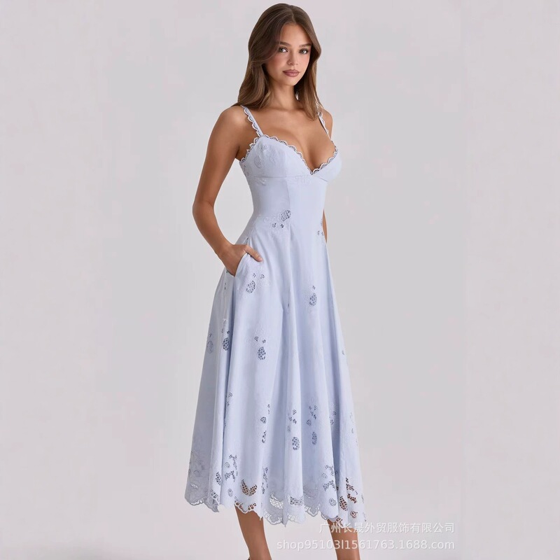 2026 Amazon Sexy Slim-Fit Embroidered Hollow-Out Strap Elegant Hot Girl Mid-Length Dress