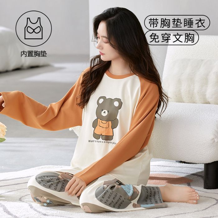 Transfronterizo al por mayor de otoño cremallera de algodón (con cojín de pecho) cuello redondo pantalones de manga larga pijamas de mujer ropa para el hogar