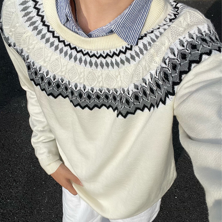 American Retro Fair Isle Boxy Sweater Men's Autumn and Winter High-End Cable Long-Sleeved Heavy Shoulder Bottoming Shirt