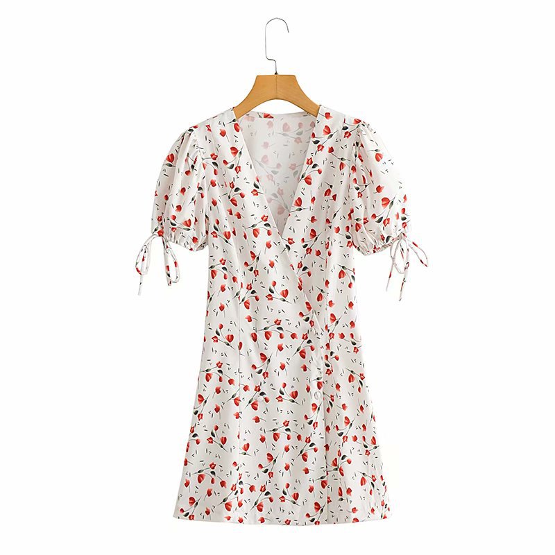 small floral bellflower V-neck A-line thin puff sleeve dress Nihaostyles wholesale clothing vendor NSAM74098