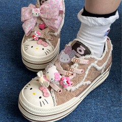 OLD実物写真 新作 キティちゃんコラボ キティちゃん全面プリント 厚底スニーカー キャンバスシューズ 厚底カジュアルシューズ
