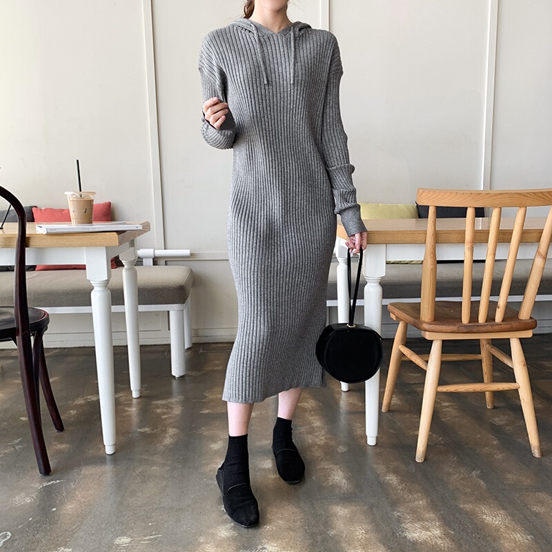 2021 Autumn and Winter New Women's Super Long Knee-length Knitted Hooded Dress Base Sweater Dress Long Dress Loose Thickened