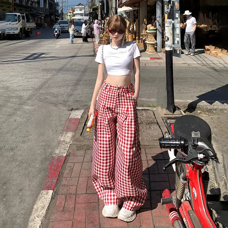 宽松阔腿裤女春夏新款红色格子百搭直筒梨形身材高腰休闲裤子薄款