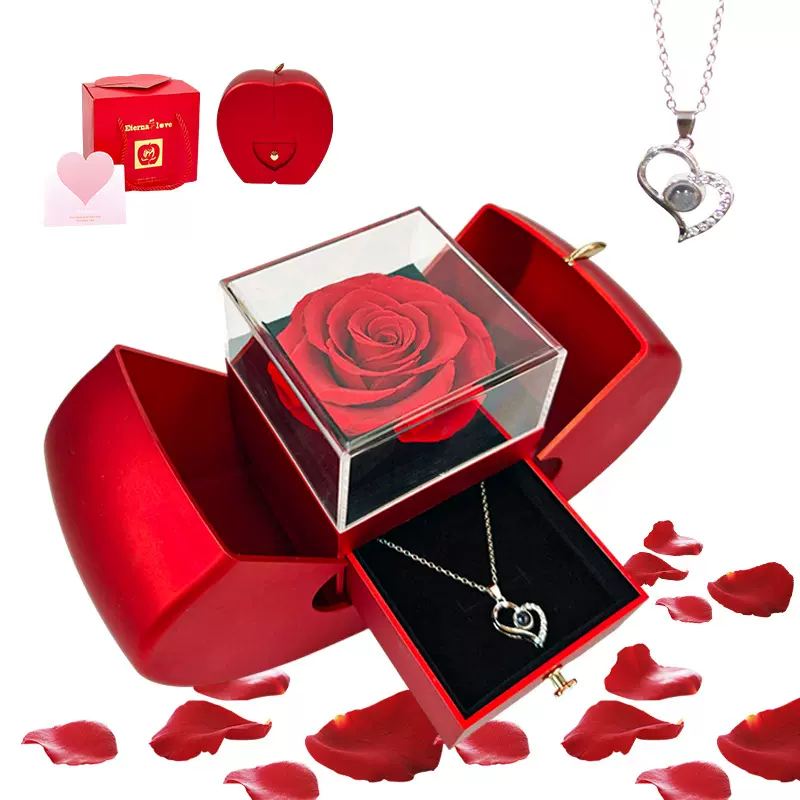 跨境爆款情人节圣诞求婚首饰盒抽屉式永生花玫瑰戒指盒苹果首饰盒