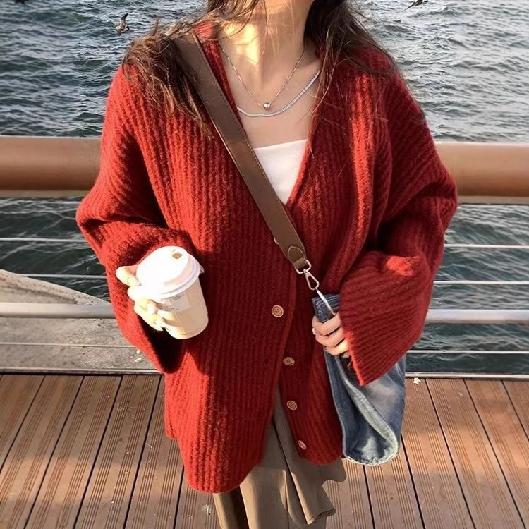 여성 브이넥 버튼 니트 가디건 봄가을 루즈핏 데일리 긴팔 아우터