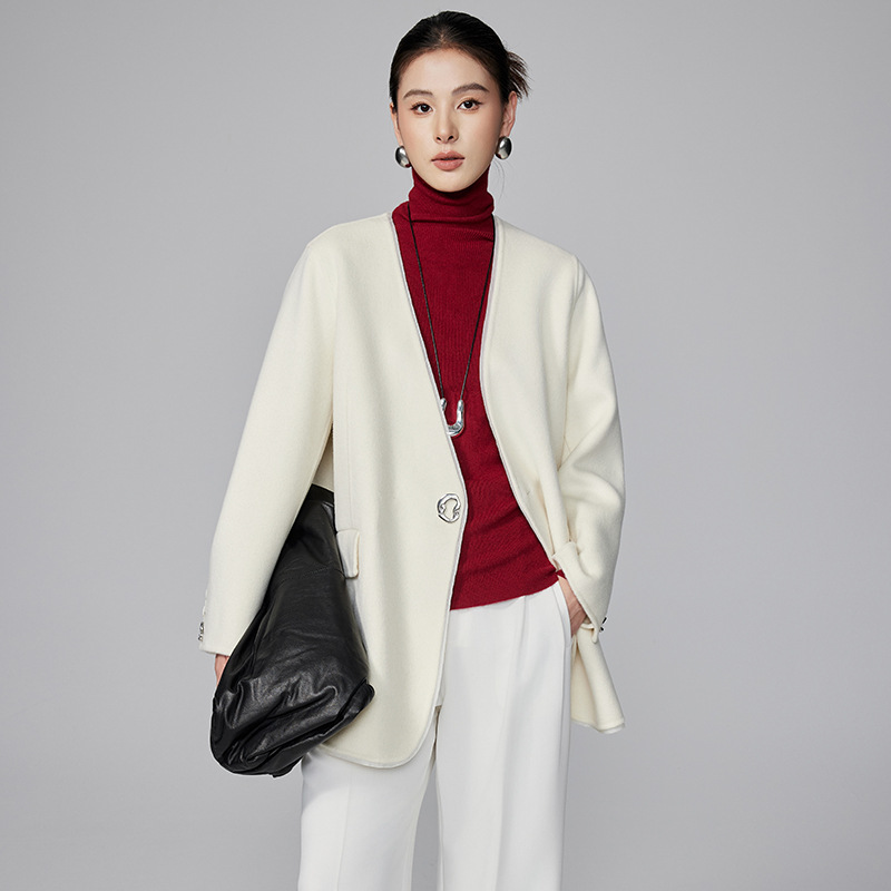 [Benchu] Minimalist V-neck Straight Shoulder Suit Double-sided Cashmere Coat Women's Winter New Style Patchwork Wool Coat