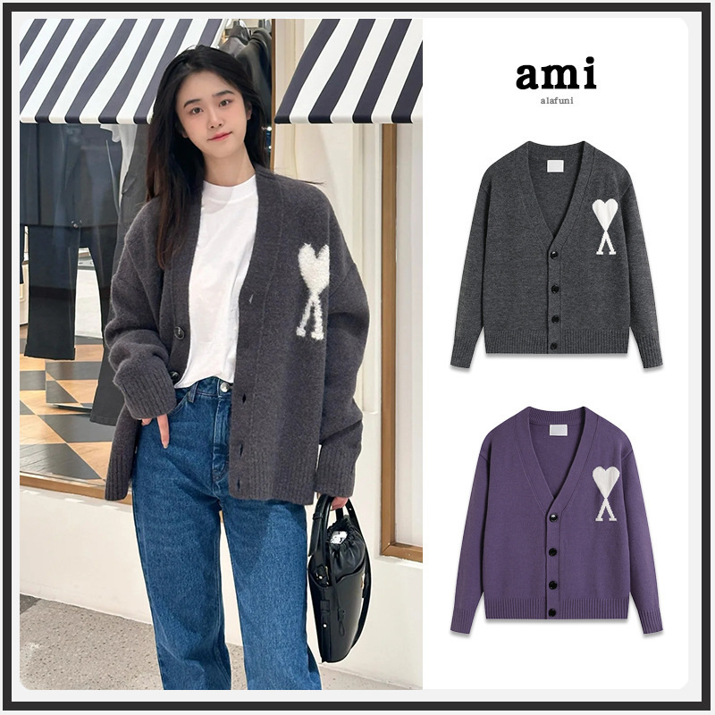 Ami Knitted Cardigan 25Ss Autumn and Winter New Jacquard Big Heart V Neck Loose Couple Cross-Border Wool Sweater Jacket Ami Knitted Cardigan 25Ss Autumn and Winter New Jacquard Big Heart V Neck Loose Couple Cross-Border Wool Sweater Jacket