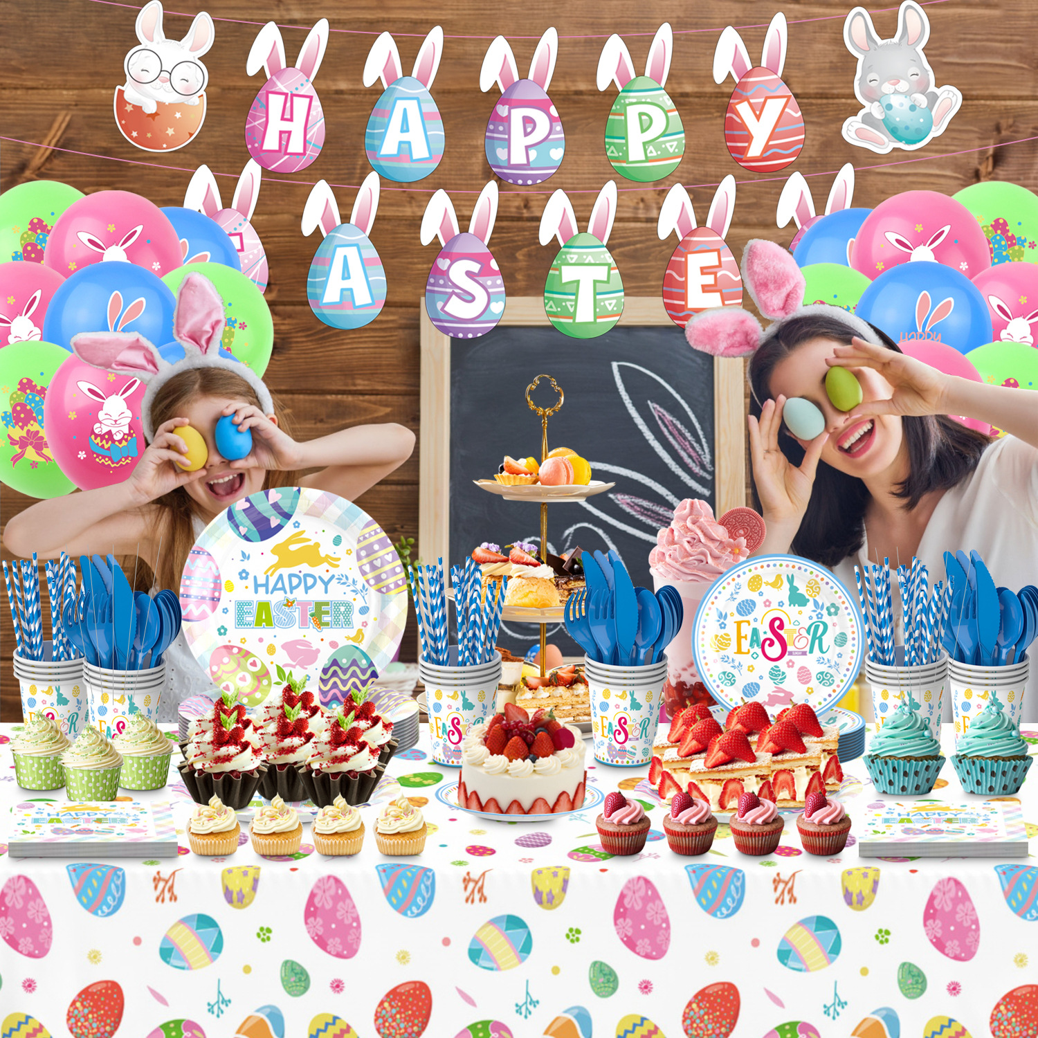 Nuevo conejo de Pascua huevo tema partido vajilla suministros vacaciones placa papel desechable mantel traje Decoración