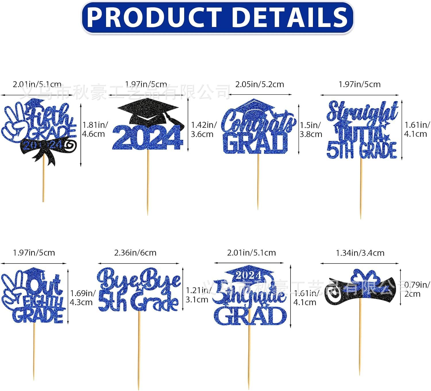 40 piezas de cupcakes de graduación, 2024, brillo azul, decoración de fiesta de graduación de quinto grado, nuevo estilo