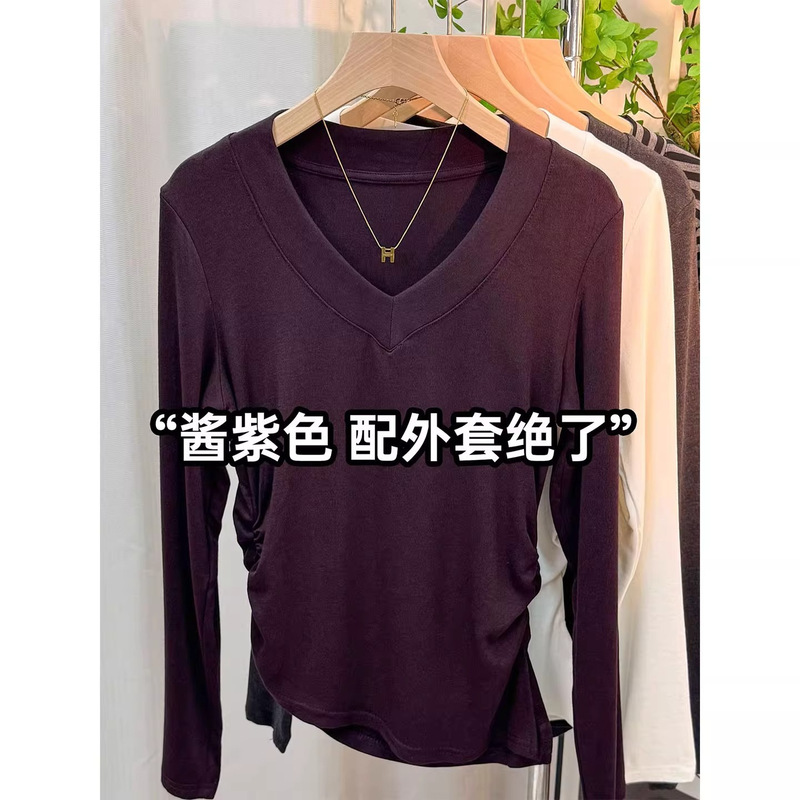 秋季新款V领开叉不规则T恤上衣女设计感小众修身百搭打底衫体恤潮|undefined