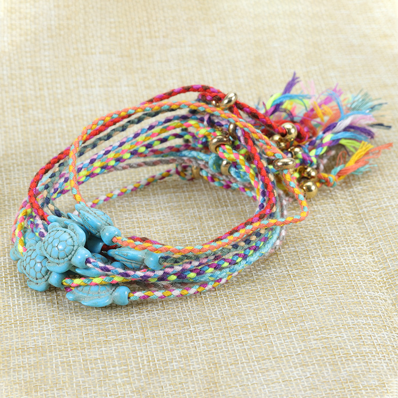 Woven Chain Chain Type Beach Occasion Bohemian Turtle Alloy Turquoise Cotton Thread Woven Chain String Bracelets Wholesale