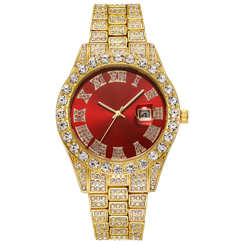 Europa y América nuevo estilo agua fantasma grande rhinestone diamante reloj de los hombres escala romana calendario hip hop reloj de los hombres reloj de oro verde completo reloj de diamantes