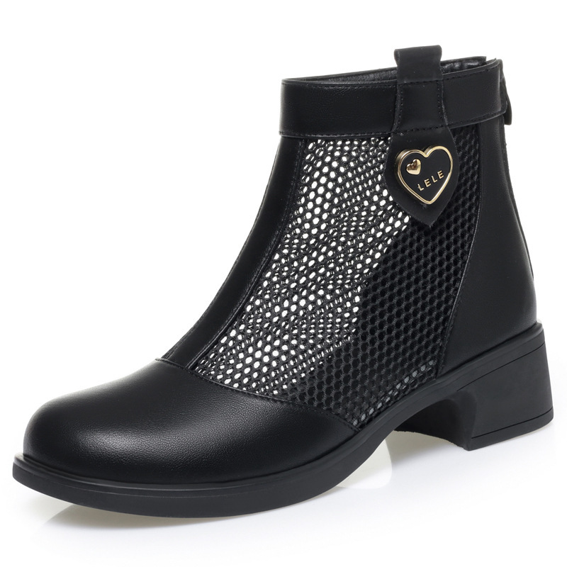 Boot nữ cổ thấp da lưới gót thấp thoáng khí, đế thô chắc chắn — màu đen