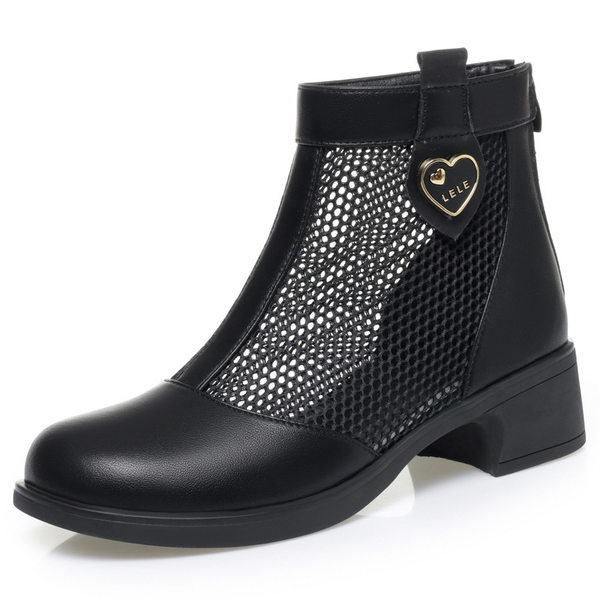 Boot nữ cổ thấp da lưới gót thấp thoáng khí, đế thô chắc chắn — màu đen