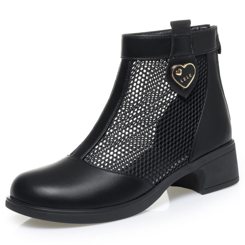 Boot nữ cổ thấp da lưới gót thấp thoáng khí, đế thô chắc chắn — màu đen