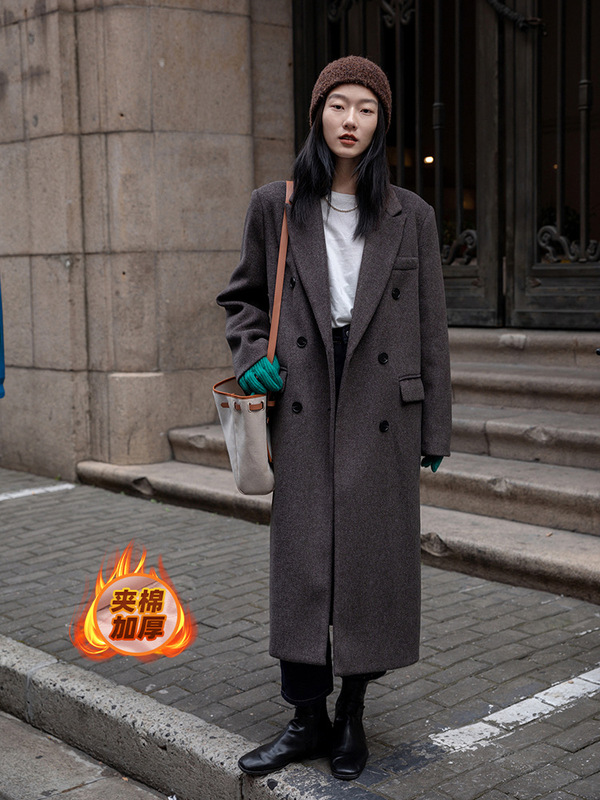 觅定灰色毛呢大衣正肩外套女冬季高级感长款西装呢子黑色小个子|undefined
