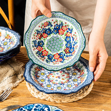 波兰风陶瓷盘子菜盘家用复古深盘早餐盘备菜盘高颜值牛排盘水果盘