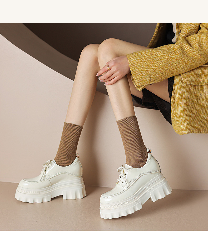 Giày loafer nữ đế xuồng cao gót 10cm, mũi tròn dây buộc, phong cách trẻ trung — màu be chi tiết 10