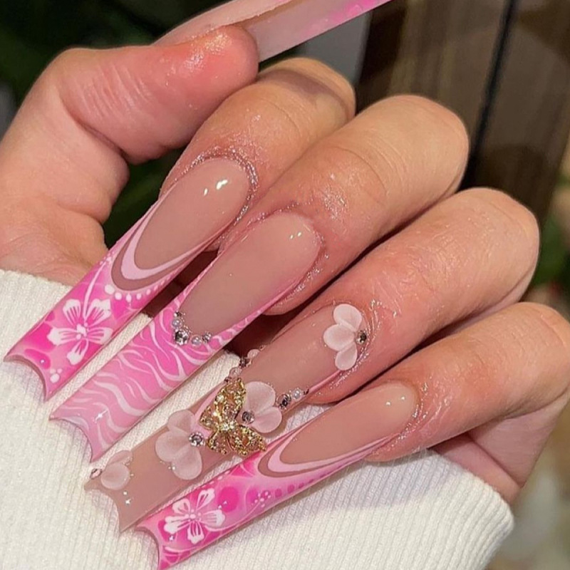 24 PCs extra long rectangle flower golden butterfly fashion French full set women and girl fake nails long 24 PCs extra long rectangle flower golden butterfly fashion French full set women and girl fake nails long
