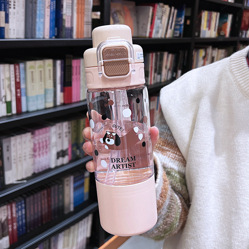 Fresh Up New Model Water Cup for Girls, High-Artistic-Value Large Capacity Straw Cup, Student Anti-Fall Cute Bear Dual-Use Plastic Cup