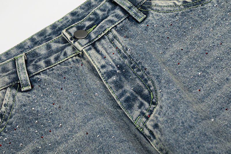 Retro Washed Rhinestone Straight Leg Jeans Loose Fit Casual Versatile Men Women High-End Design Summer Style_viptrois.com