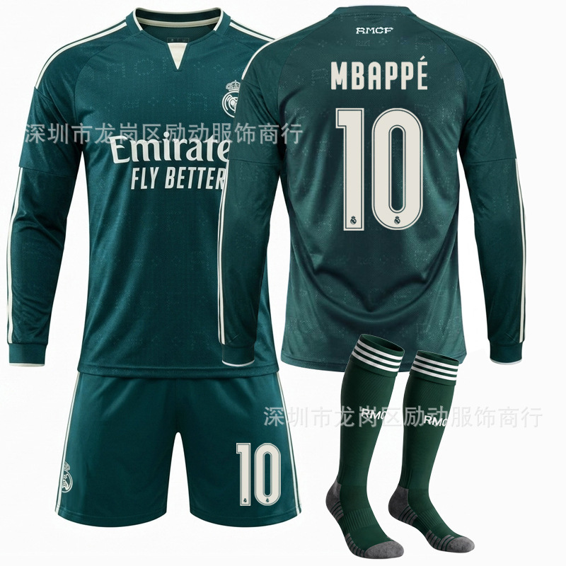 2627 Club Jersey Set, 7 Vinicius, C. Ronaldo, Real Madrid Away Kit, No. 10 Mbappé, Green Long-Sleeved Soccer Jersey