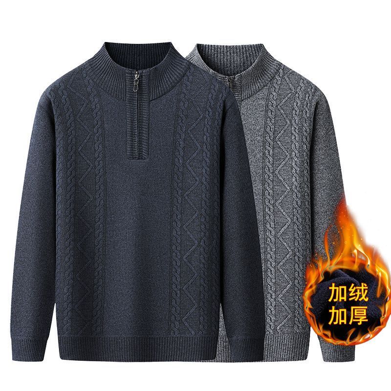 Autumn and Winter Men's High-Neck Half-Zip Sweater, Fleece-Lined and Thickened Knitwear, Trendy Winter Knit Warm Top