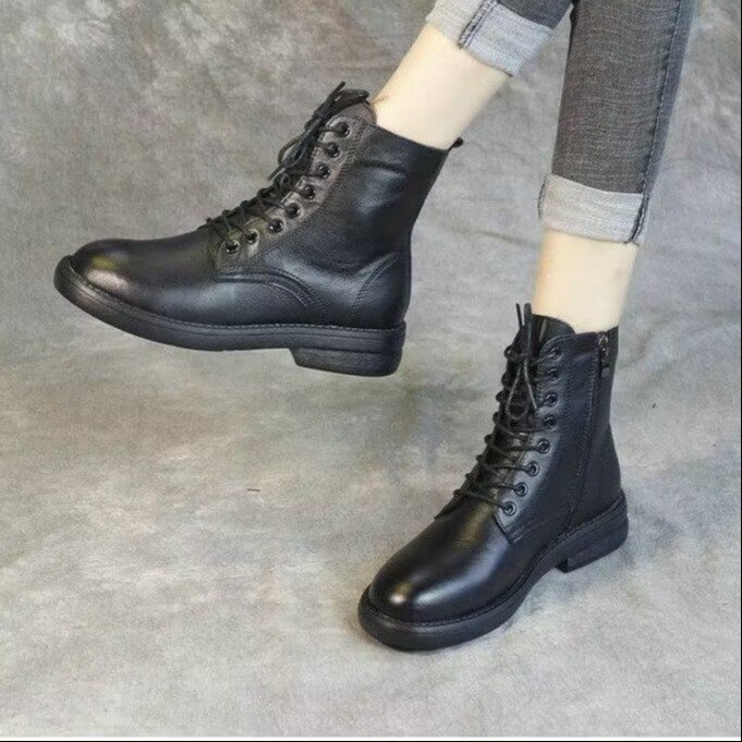Thick Heel Soft Leather Short Boots 2025 Autumn and Winter New Black Thin Women's Boots with Straps Korean Style Fashionable Soft Sole Boots