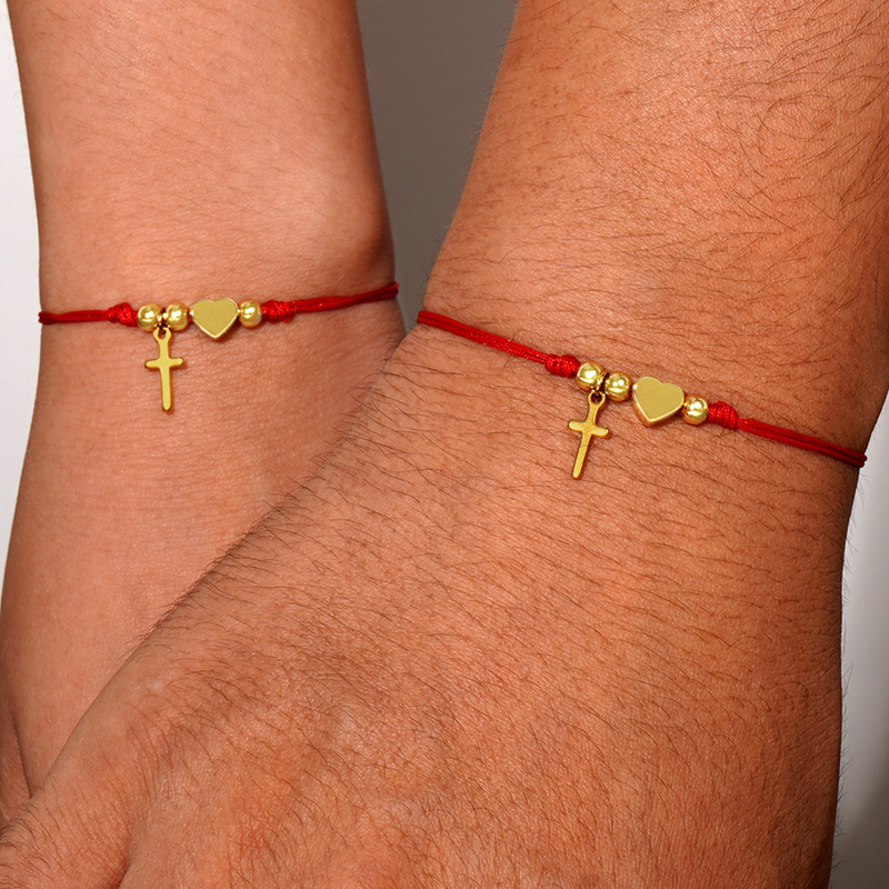 Cross-Border Foreign Trade Love Cross Bracelet Couple Hand-Woven Adjustable Red Rope Bracelet Summer Versatile Jewelry Set